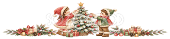 クリスマスツリーを飾る子どもたちのライン｜無料イラスト・絵本タッチ96041