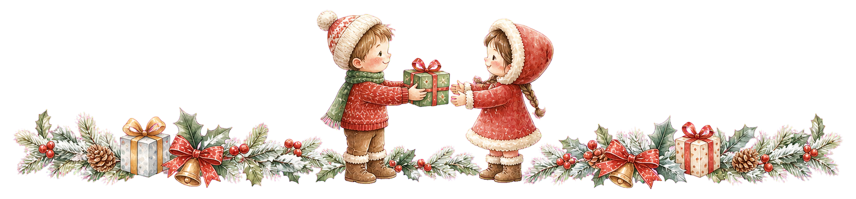 プレゼント交換をする子どもたちのクリスマスライン｜無料イラスト・絵本タッチ96042に写真・文字を入れる