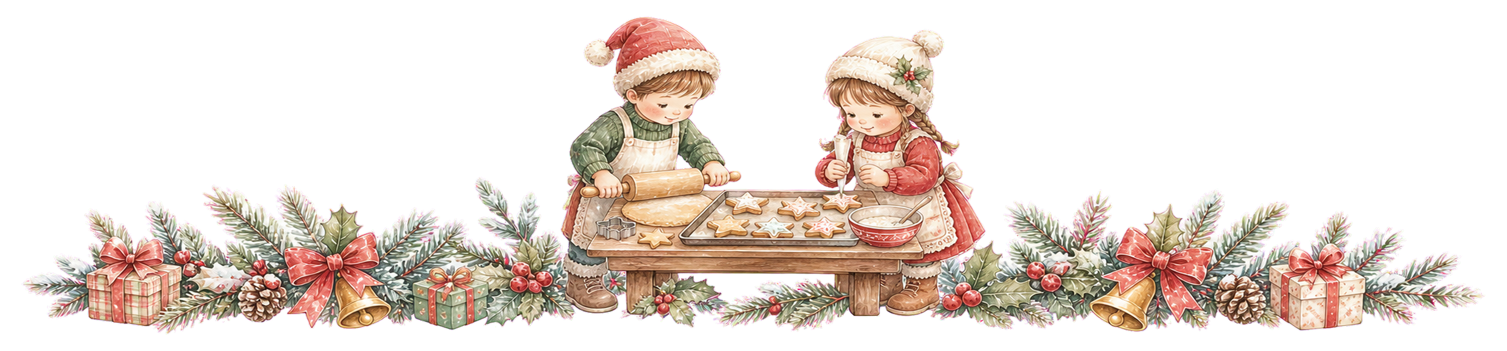 クリスマスクッキーを作る子どもたちの区切り線｜無料イラスト・絵本タッチ96043に写真・文字を入れる