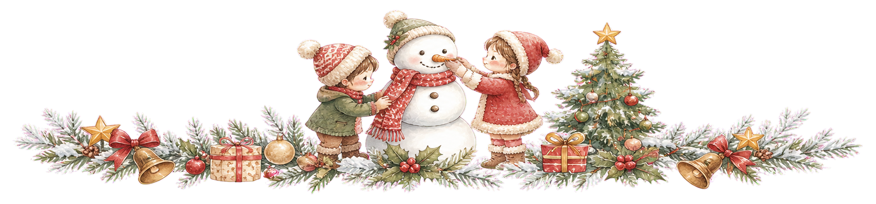 雪だるまを作る子どもたちのクリスマスライン｜無料イラスト・絵本タッチ96045に写真・文字を入れる