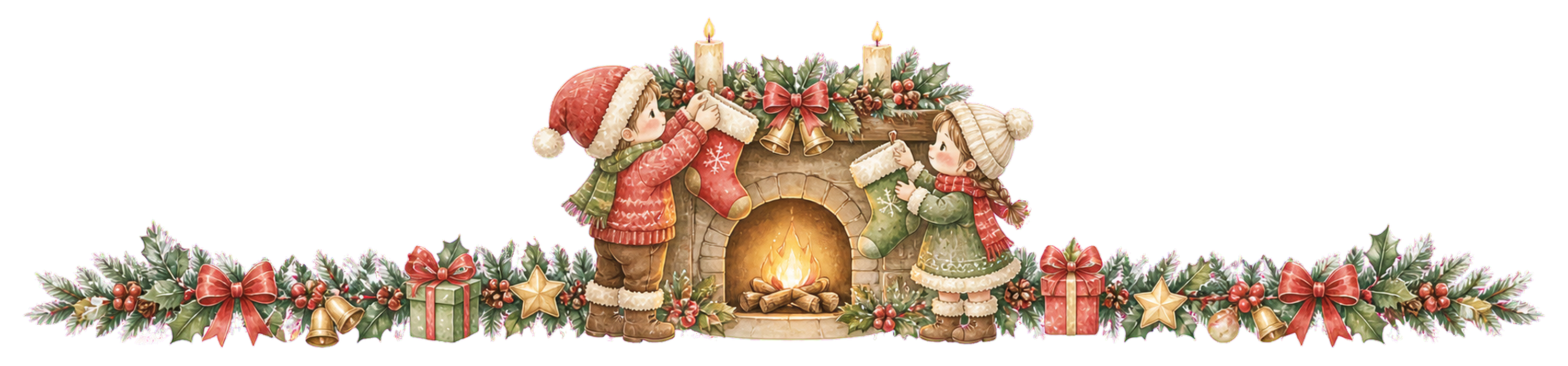 クリスマスの靴下を飾る子どもたちの区切り線｜無料イラスト・絵本タッチ96046に写真・文字を入れる