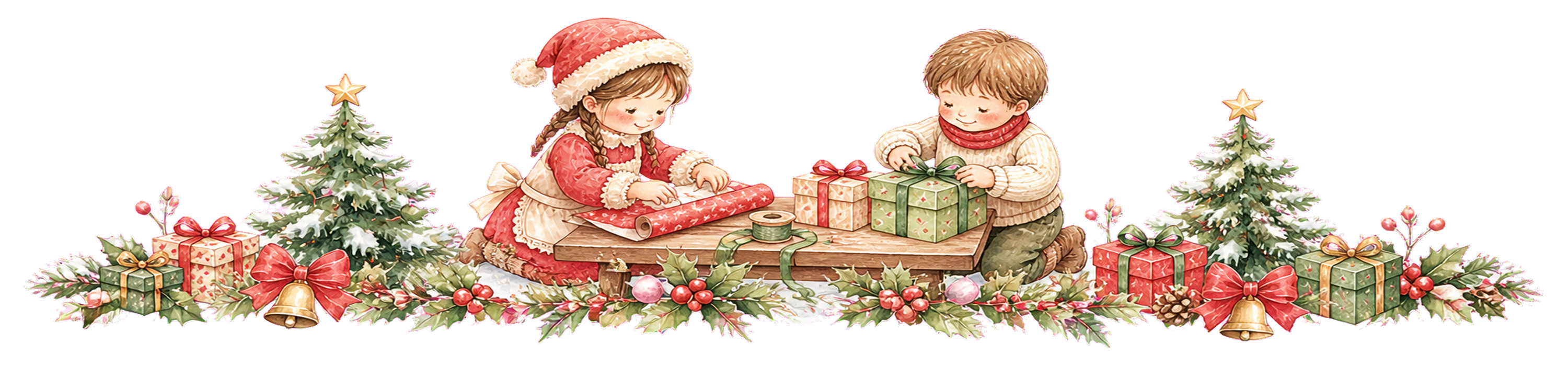 プレゼントを包む子どもたちのクリスマスライン｜無料イラスト・絵本タッチ96047に写真・文字を入れる