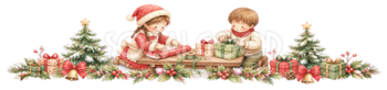プレゼントを包む子どもたちのクリスマスライン｜無料イラスト・絵本タッチ96047