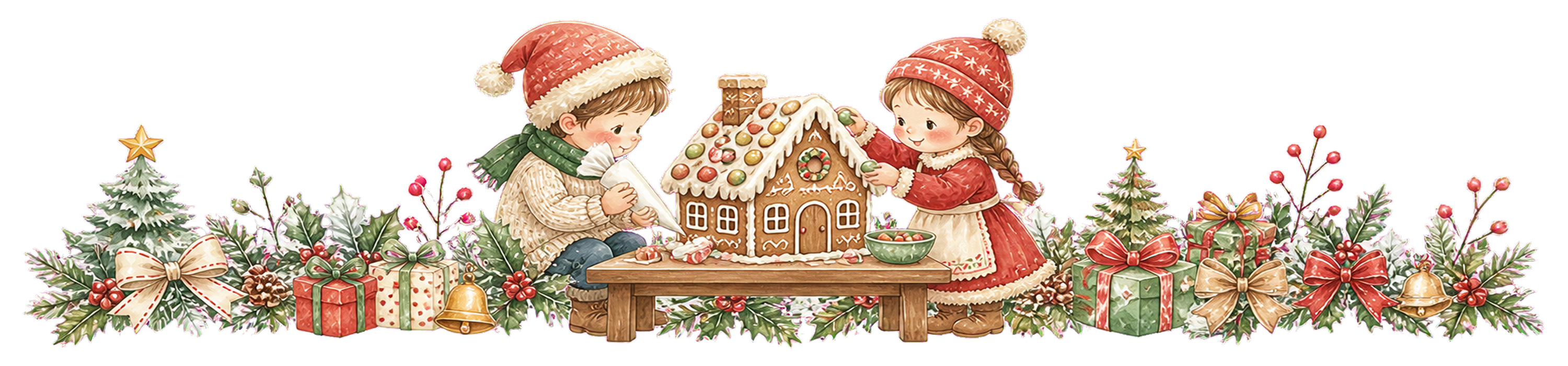 お菓子の家を作る子どもたちのクリスマス区切り線｜無料イラスト・絵本タッチ96048に写真・文字を入れる