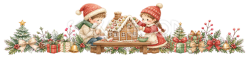 お菓子の家を作る子どもたちのクリスマス区切り線｜無料イラスト・絵本タッチ96048