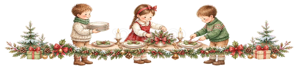 クリスマスの食卓を準備する子どもたちのライン｜無料イラスト・絵本タッチ96049