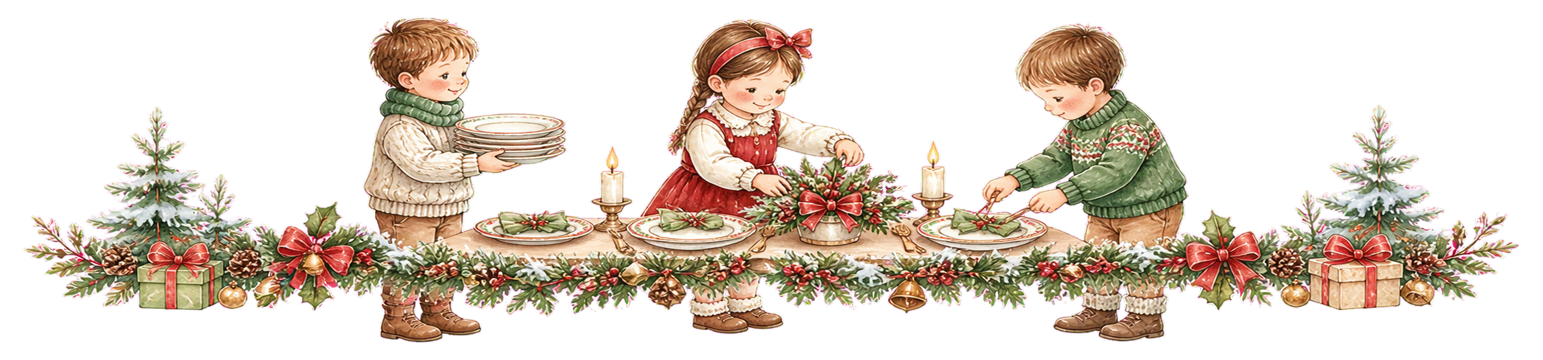 クリスマスの食卓を準備する子どもたちのライン｜無料イラスト・絵本タッチ96049に写真・文字を入れる