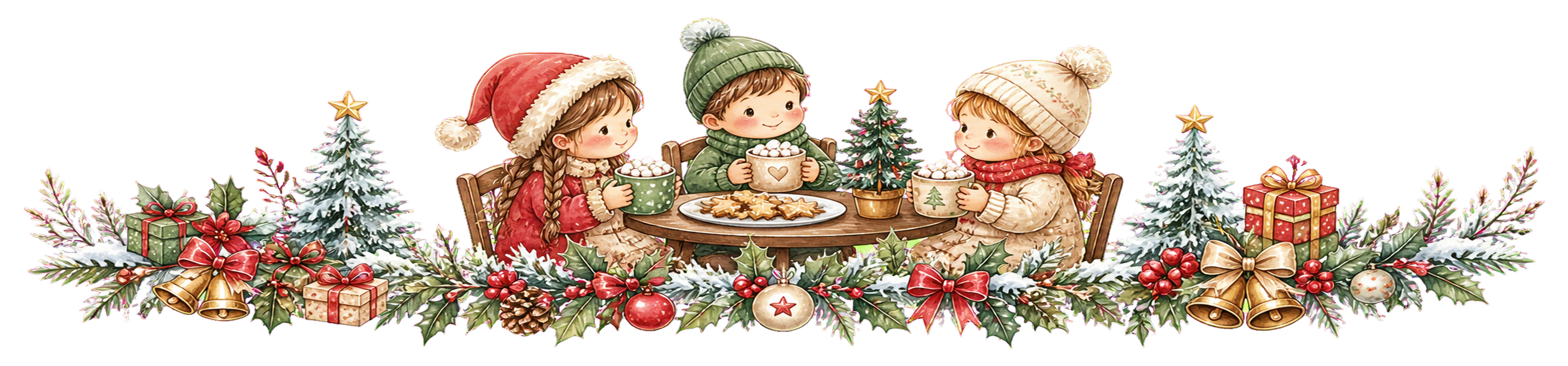 温かいココアを楽しむ子どもたちのクリスマスライン｜無料イラスト・絵本タッチ96050に写真・文字を入れる