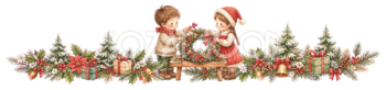 クリスマスリースを作る子どもたちの区切り線｜無料イラスト・絵本タッチ96051