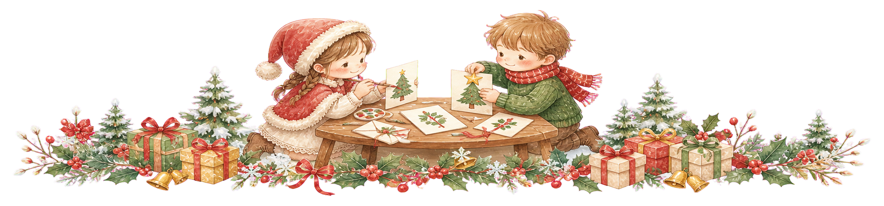 クリスマスカードを書く子どもたちのライン｜無料イラスト・絵本タッチ96052に写真・文字を入れる