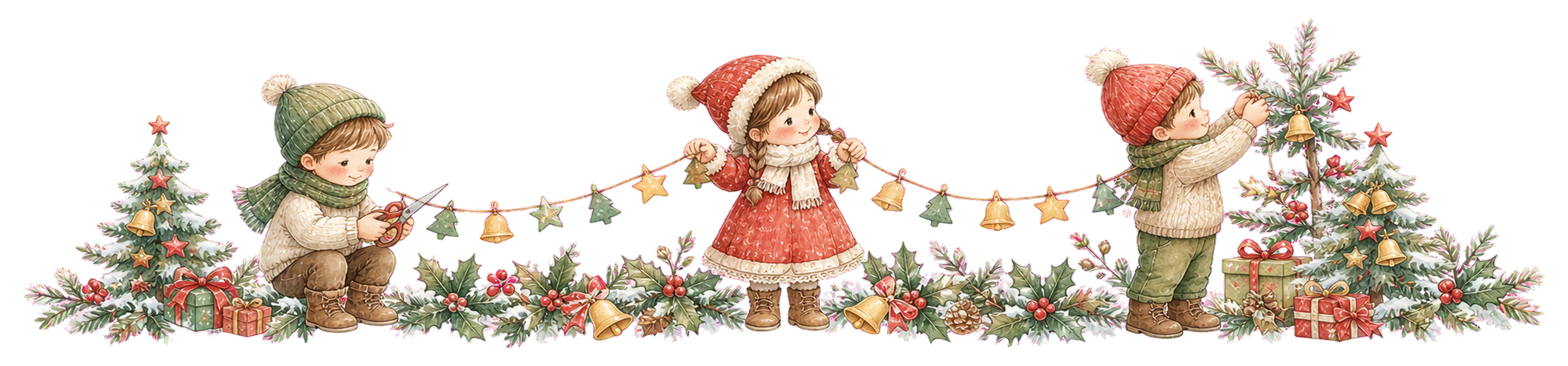 クリスマスガーランドを作る子どもたちの区切り線｜無料イラスト・絵本タッチ96053に写真・文字を入れる