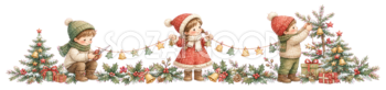 クリスマスガーランドを作る子どもたちの区切り線｜無料イラスト・絵本タッチ96053