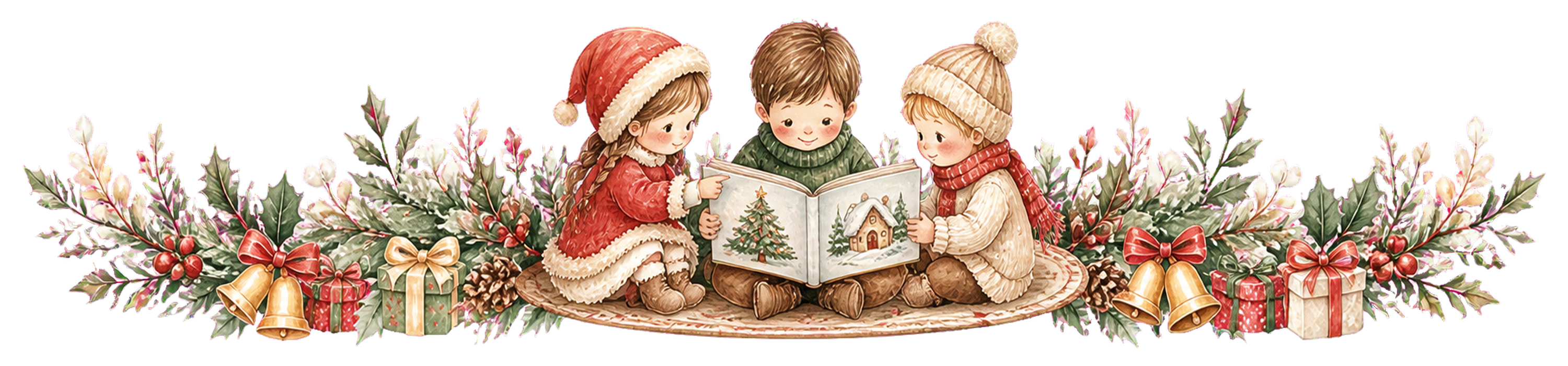 クリスマス絵本を読む子どもたちのライン｜無料イラスト・絵本タッチ96055に写真・文字を入れる