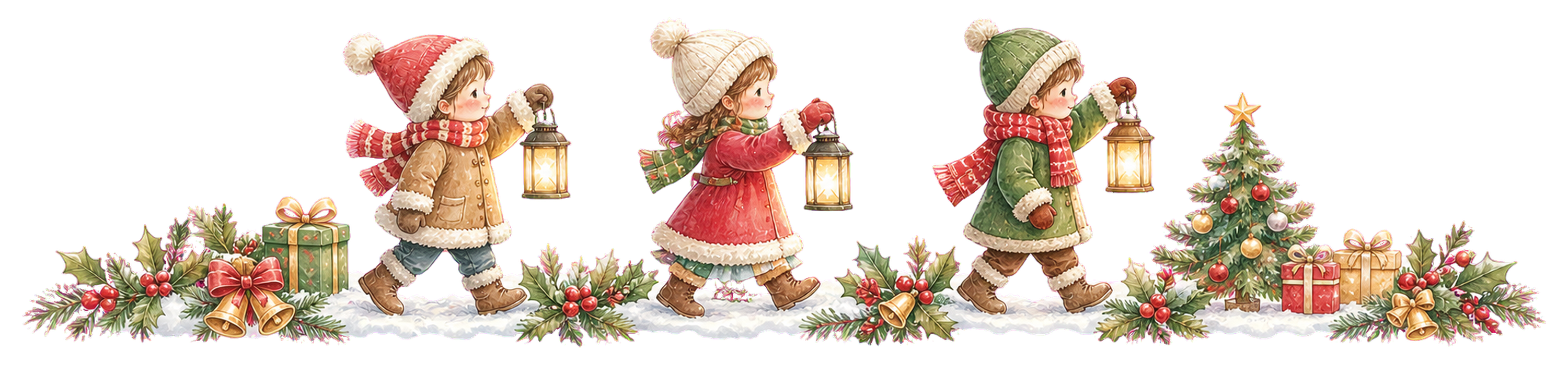 ランタンを持つ子どもたちのクリスマス区切り線｜無料イラスト・絵本タッチ96056に写真・文字を入れる