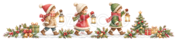 ランタンを持つ子どもたちのクリスマス区切り線｜無料イラスト・絵本タッチ96056