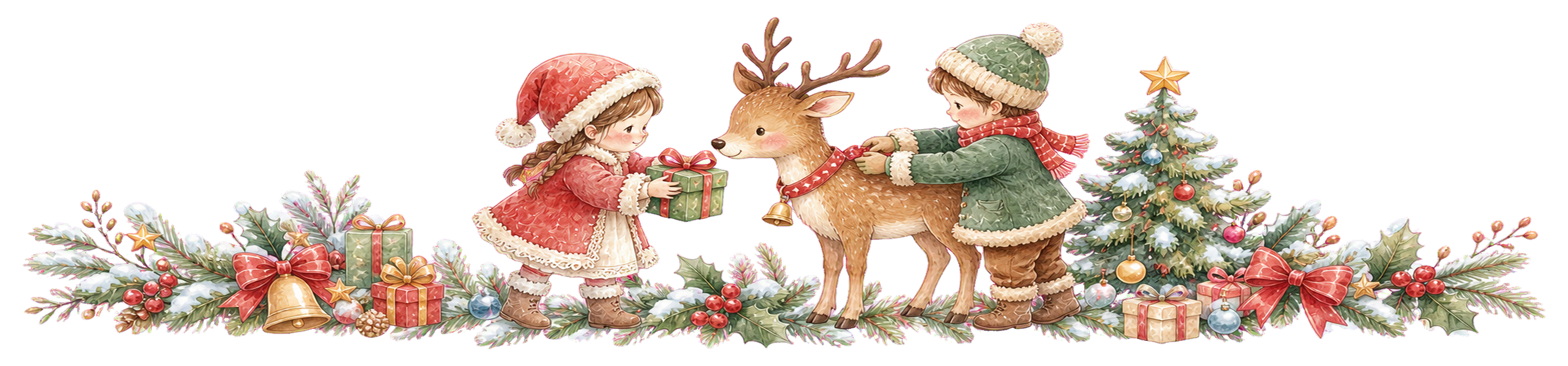 トナカイとふれあう子どもたちのクリスマスライン｜無料イラスト・絵本タッチ96058に写真・文字を入れる