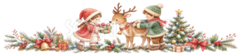 トナカイとふれあう子どもたちのクリスマスライン｜無料イラスト・絵本タッチ96058