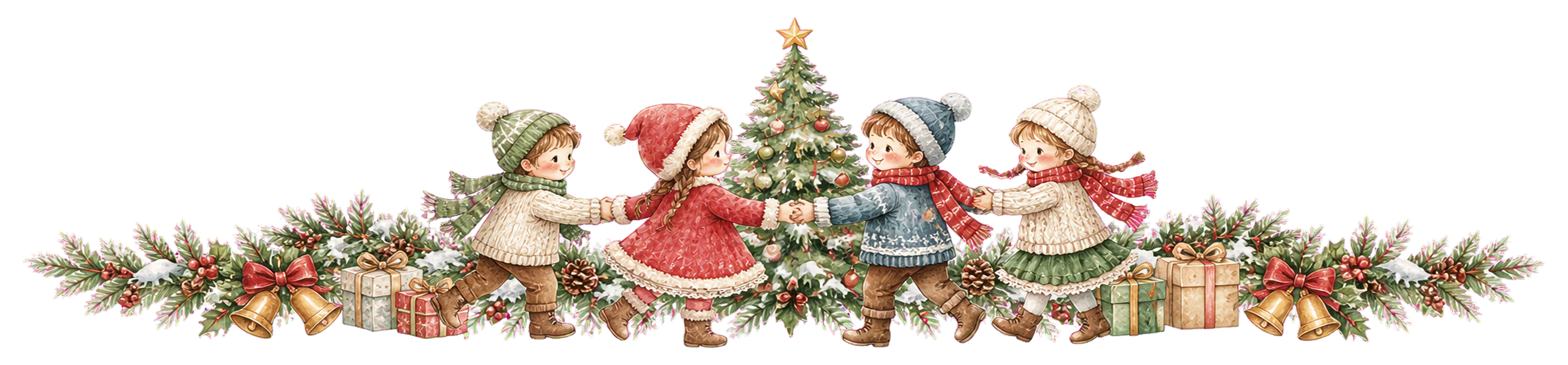 ツリーの周りで踊る子どもたちのクリスマスライン｜無料イラスト・絵本タッチ96059に写真・文字を入れる