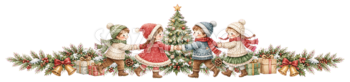 ツリーの周りで踊る子どもたちのクリスマスライン｜無料イラスト・絵本タッチ96059