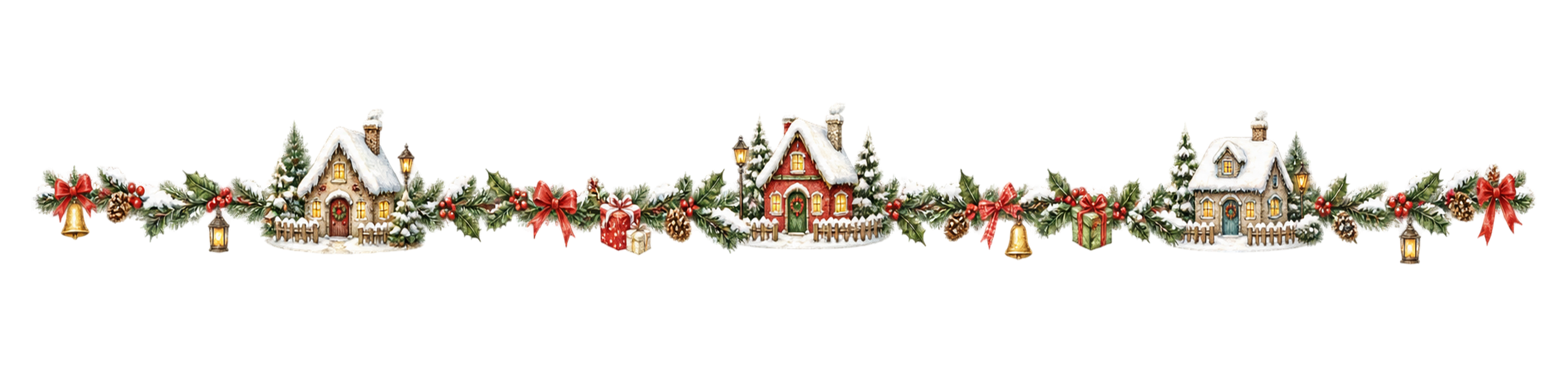 雪の家並みのクリスマスラインイラスト｜無料・水彩絵本タッチ96062に写真・文字を入れる
