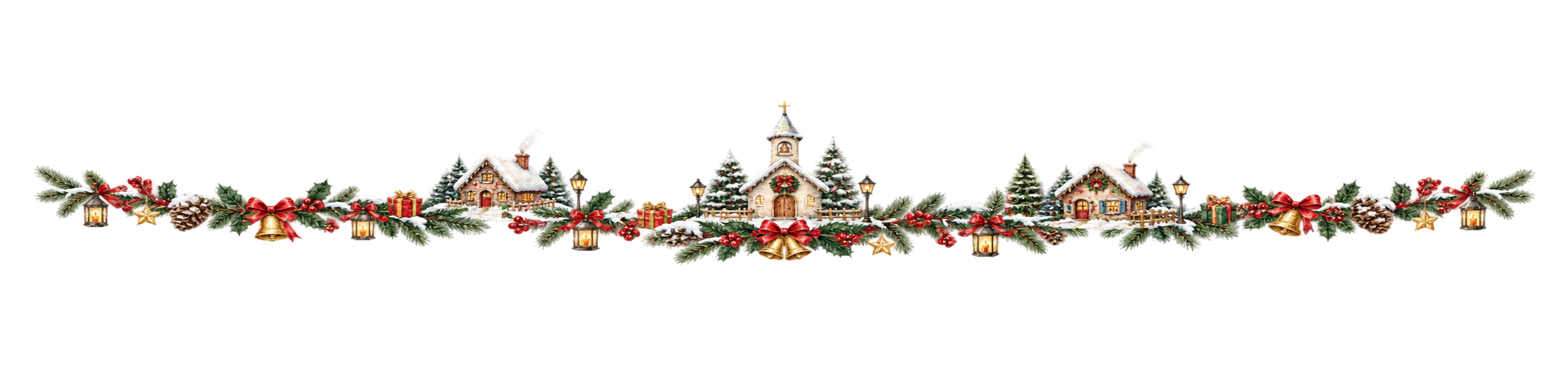教会のあるクリスマス村ラインイラスト｜無料・水彩絵本タッチ96063に写真・文字を入れる