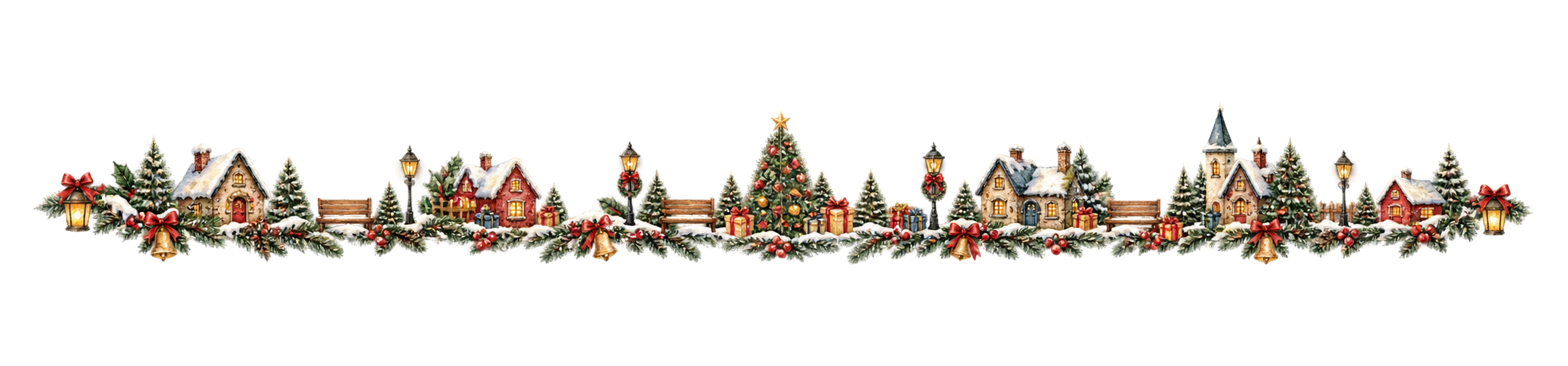ツリー広場のクリスマスラインイラスト｜無料・水彩絵本タッチ96064に写真・文字を入れる