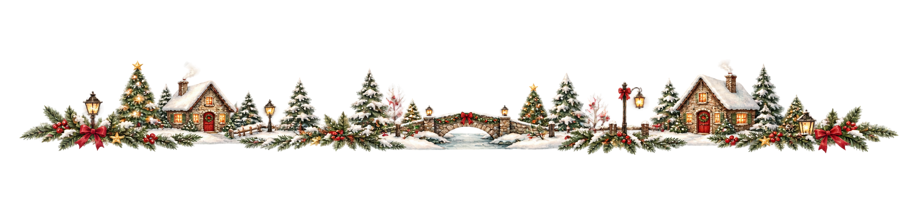 雪の石橋とクリスマス村ラインイラスト｜無料・水彩絵本タッチ96070に写真・文字を入れる