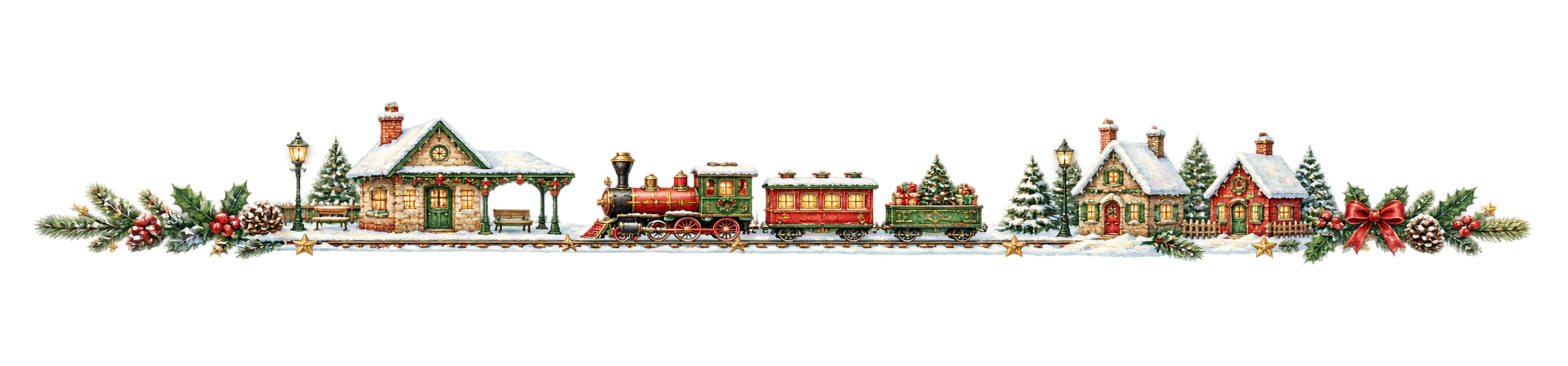 クリスマス列車と雪の駅ラインイラスト｜無料・水彩絵本タッチ96071に写真・文字を入れる