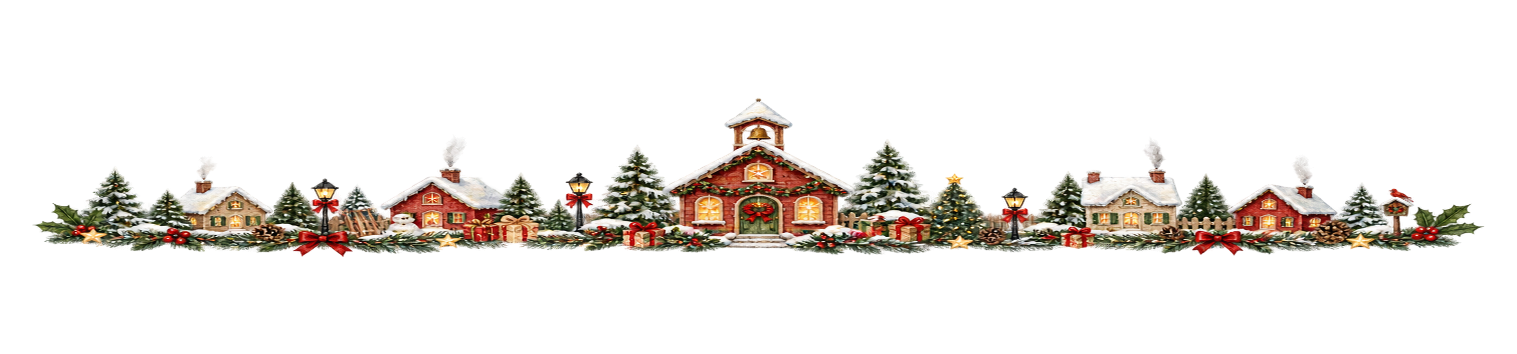 雪の学校とクリスマス村ラインイラスト｜無料・水彩絵本タッチ96073に写真・文字を入れる