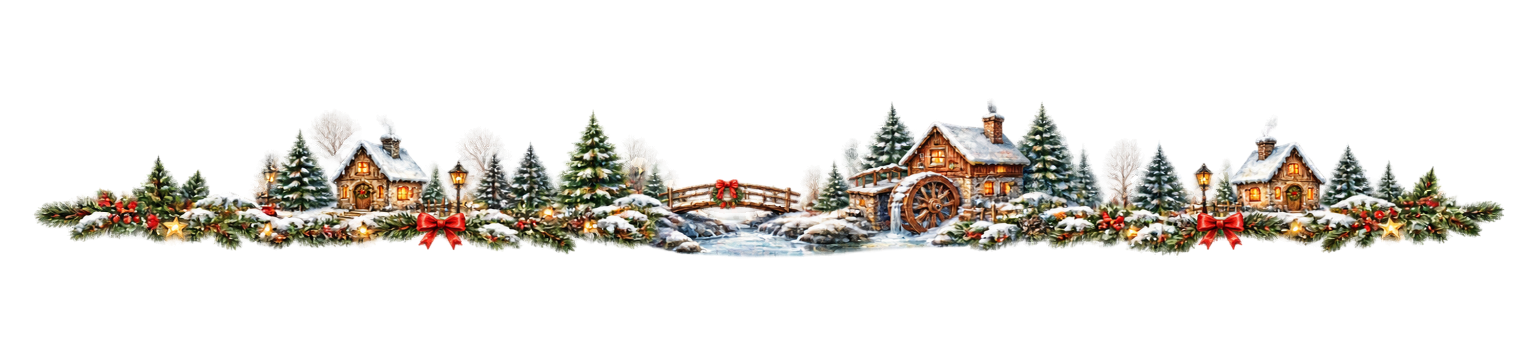 雪の水車小屋クリスマスラインイラスト｜無料・水彩絵本タッチ96075に写真・文字を入れる