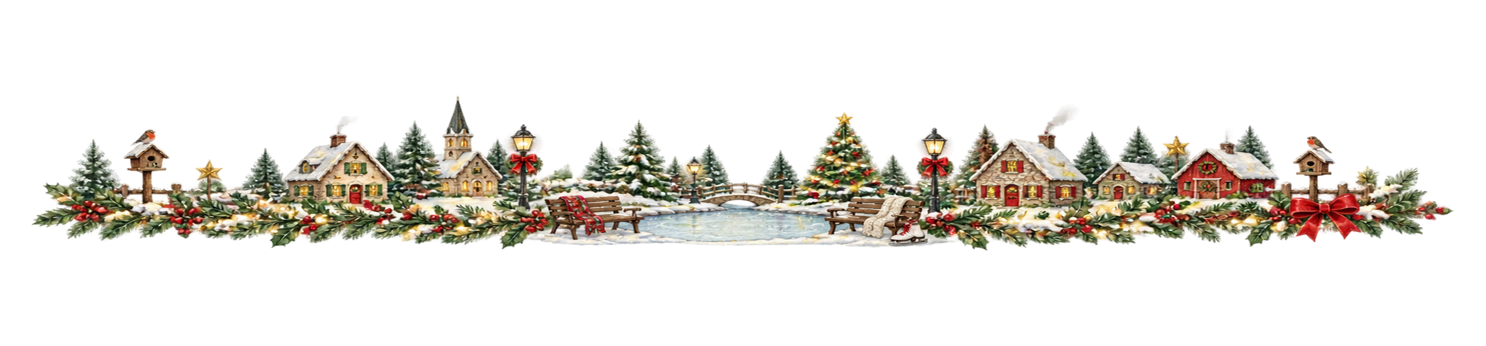 クリスマス村のスケート池ラインイラスト｜無料・水彩絵本タッチ96076に写真・文字を入れる