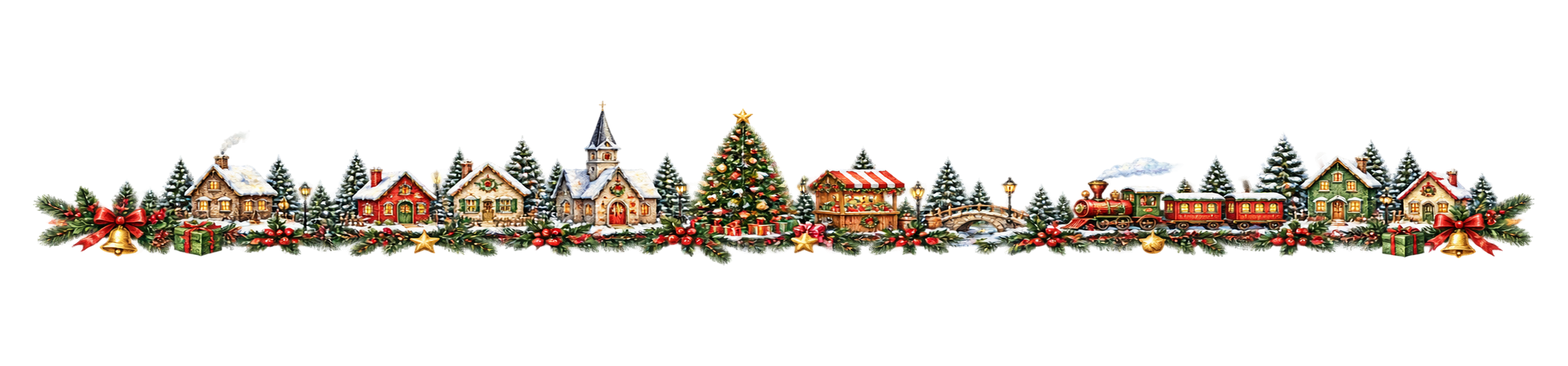 華やかなクリスマス村ラインイラスト｜無料・水彩絵本タッチ96081に写真・文字を入れる