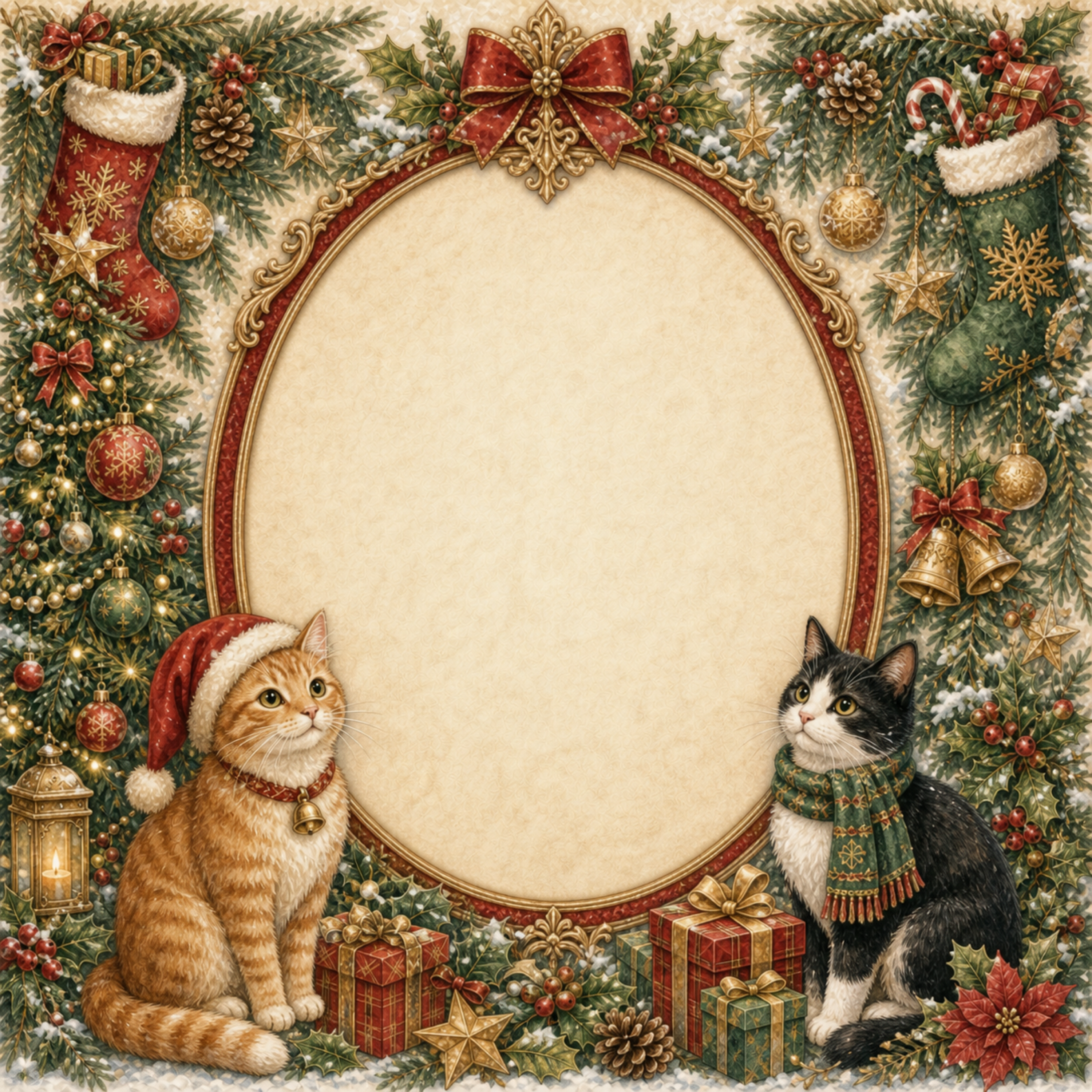 かわいい猫のクリスマスフレームイラスト｜水彩絵本タッチの無料素材96086に写真・文字を入れる