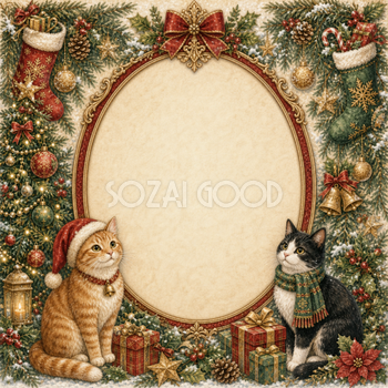 かわいい猫のクリスマスフレームイラスト｜水彩絵本タッチの無料素材96086