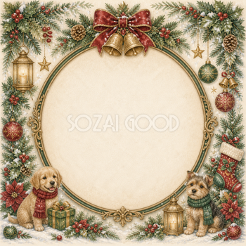 かわいい子犬のクリスマスフレームイラスト｜水彩絵本タッチの無料素材96087