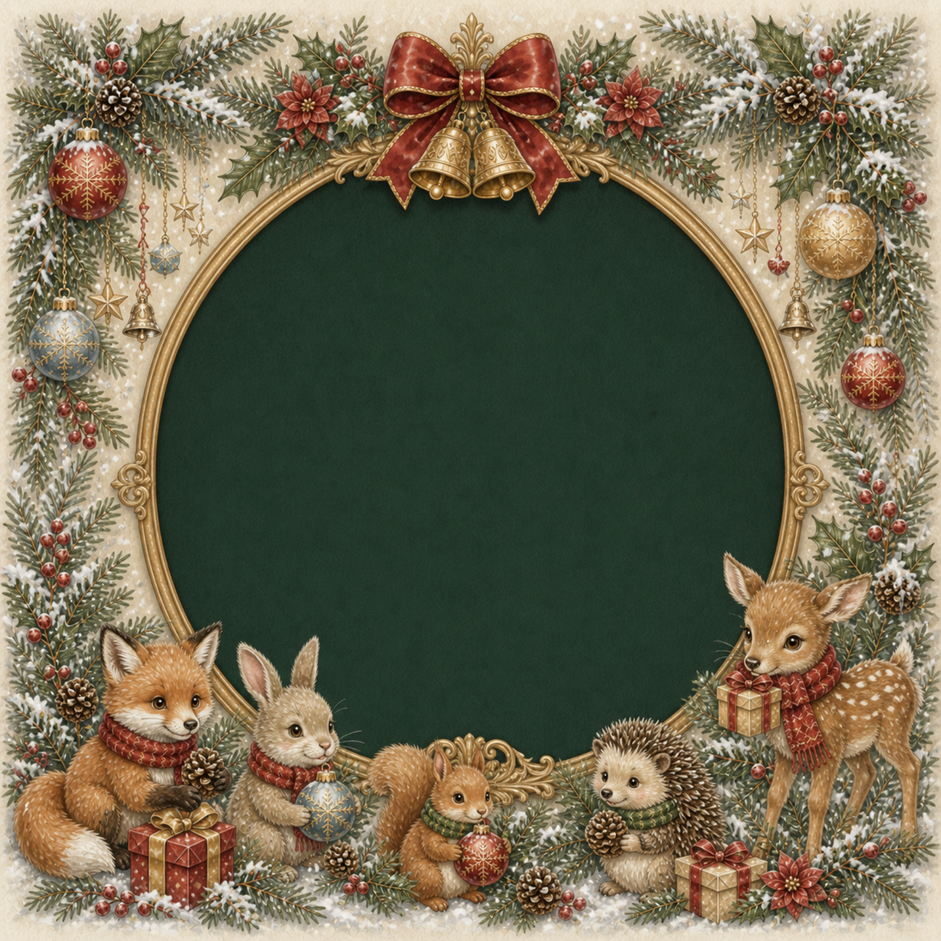 森の動物たちのクリスマスフレームイラスト｜水彩絵本タッチの無料素材96092に写真・文字を入れる