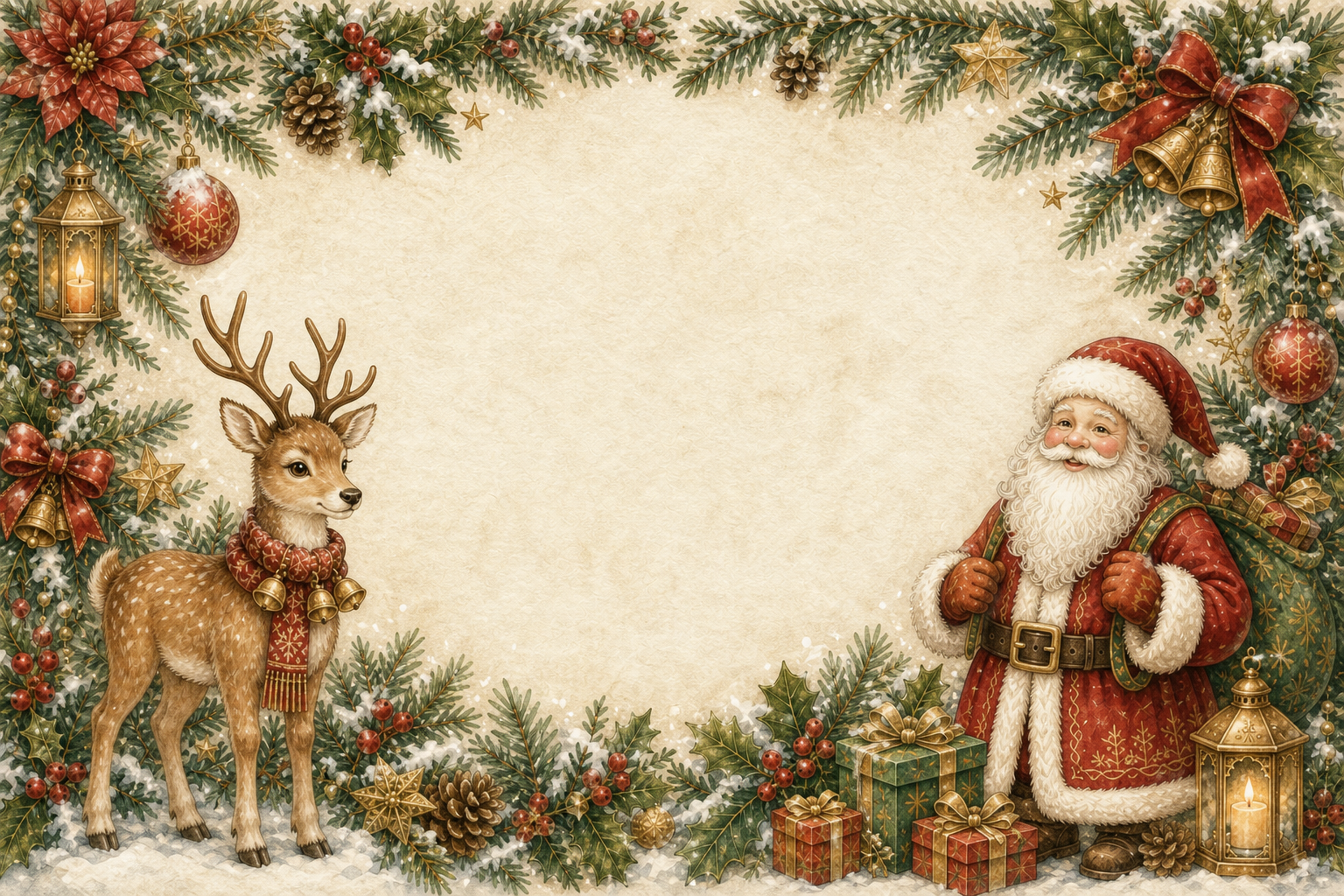サンタとトナカイの横長クリスマスフレーム｜水彩絵本タッチのイラスト96104に写真・文字を入れる
