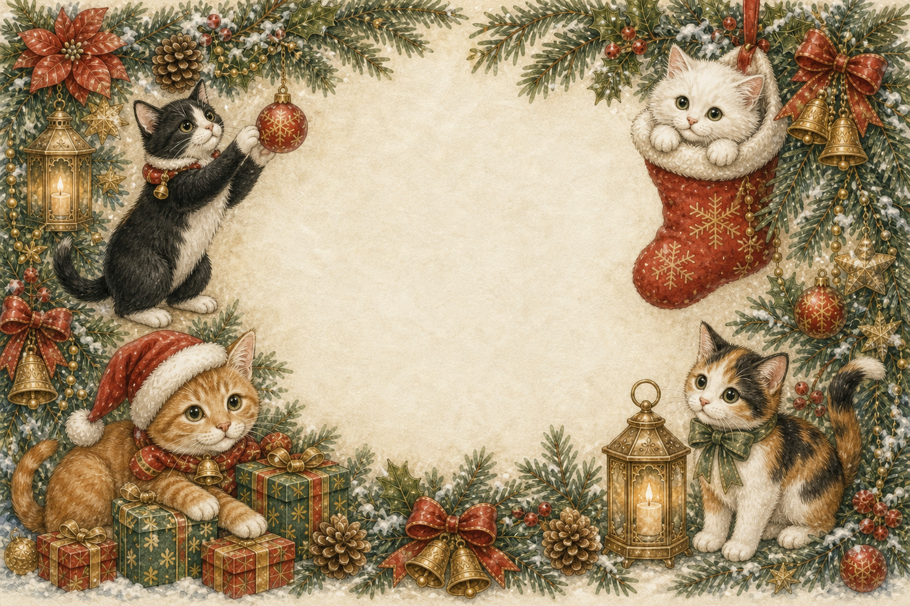 かわいい猫の横長クリスマスフレーム｜水彩絵本タッチのイラスト96107に写真・文字を入れる