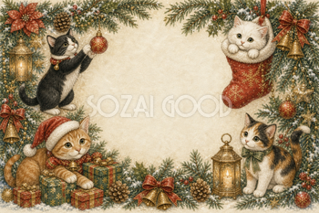 かわいい猫の横長クリスマスフレーム｜水彩絵本タッチのイラスト96107