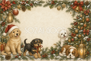 かわいい子犬の横長クリスマスフレーム｜水彩絵本タッチのイラスト96108