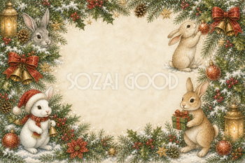 かわいいうさぎの横長クリスマスフレーム｜水彩絵本タッチのイラスト96109