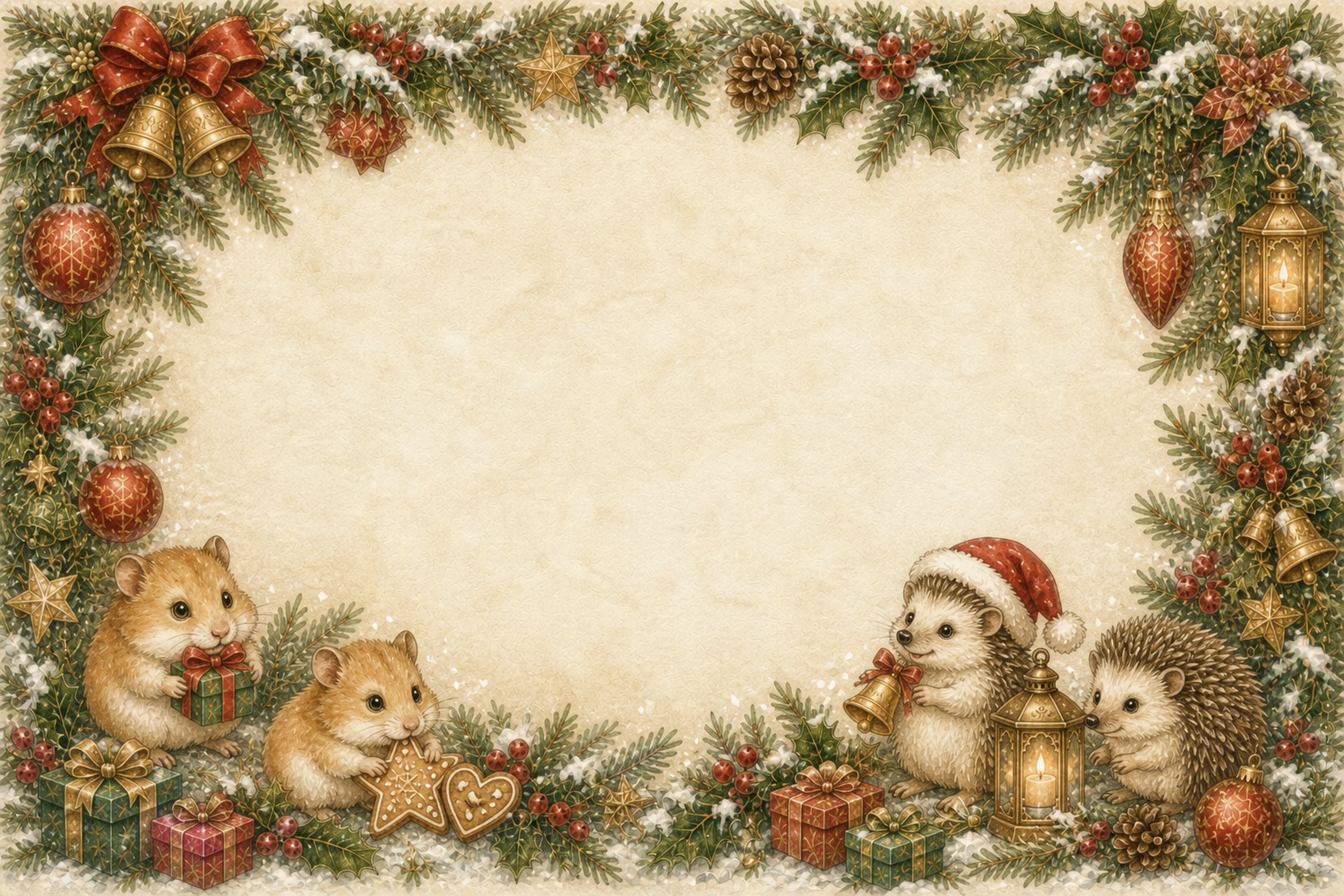 ハムスターとハリネズミのクリスマス横長枠｜水彩絵本タッチのイラスト96110に写真・文字を入れる