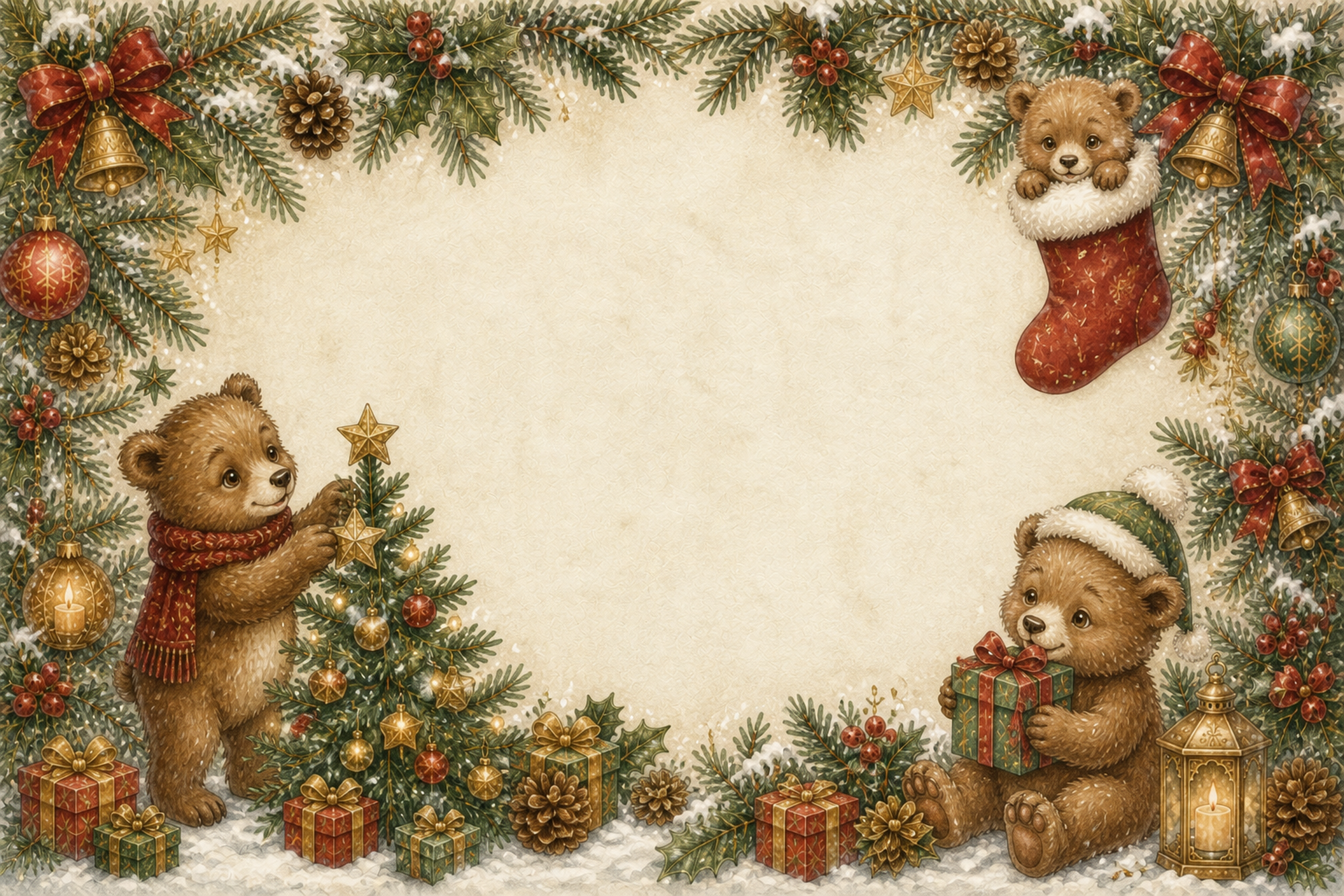 かわいい子グマの横長クリスマスフレーム｜水彩絵本タッチのイラスト96111に写真・文字を入れる