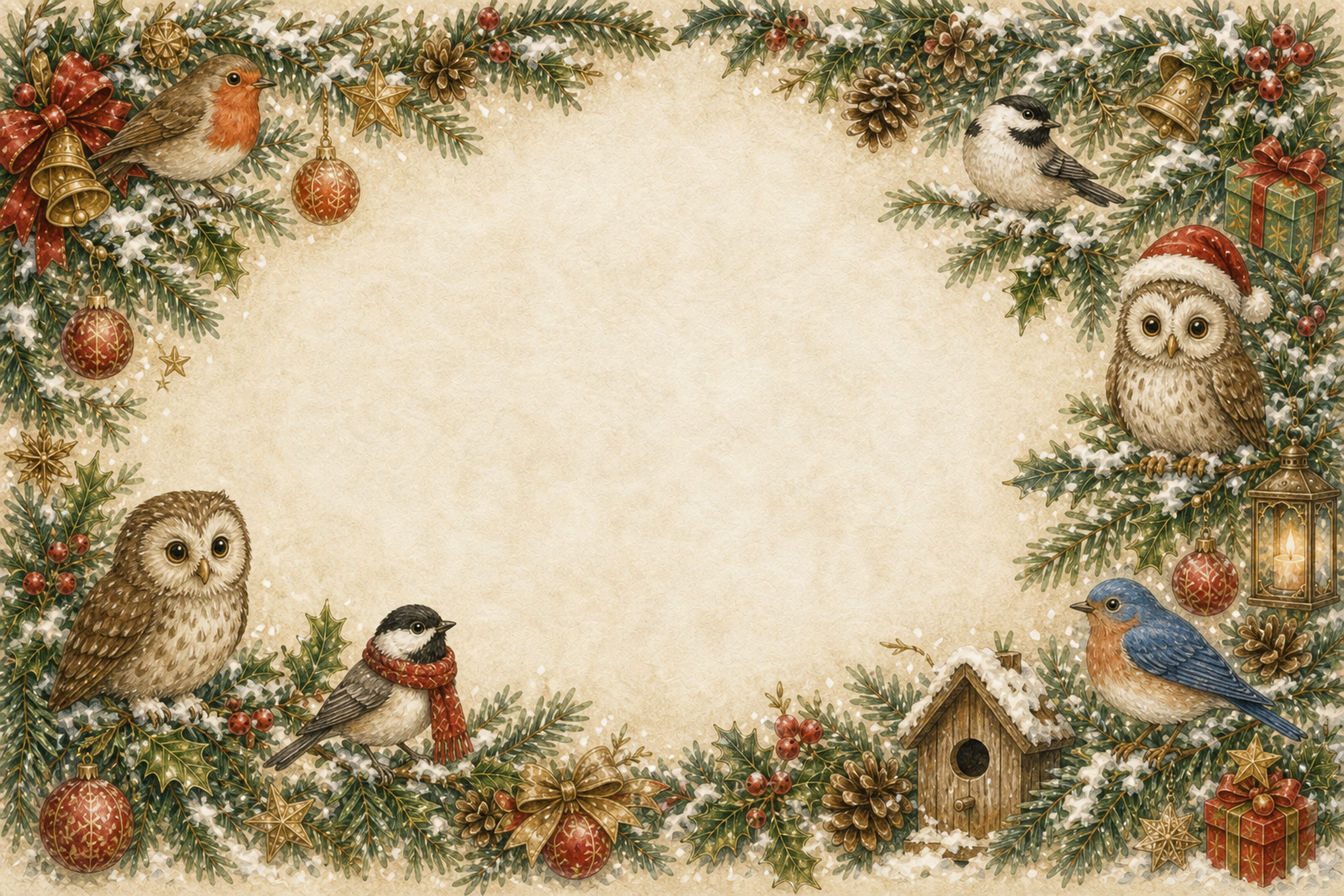 小鳥とフクロウの横長クリスマスフレーム｜水彩絵本タッチのイラスト96112に写真・文字を入れる