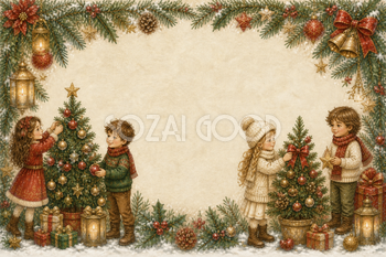 ツリーを飾る子どもの横長クリスマスフレーム｜水彩絵本タッチのイラスト96114