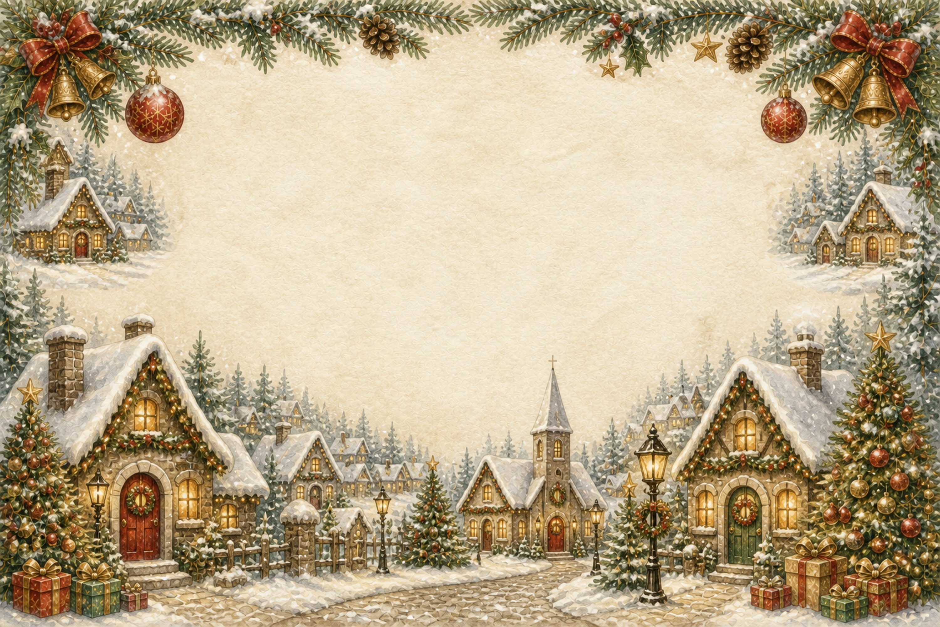 雪のクリスマス村の横長フレーム｜水彩絵本タッチの風景イラスト96119に写真・文字を入れる
