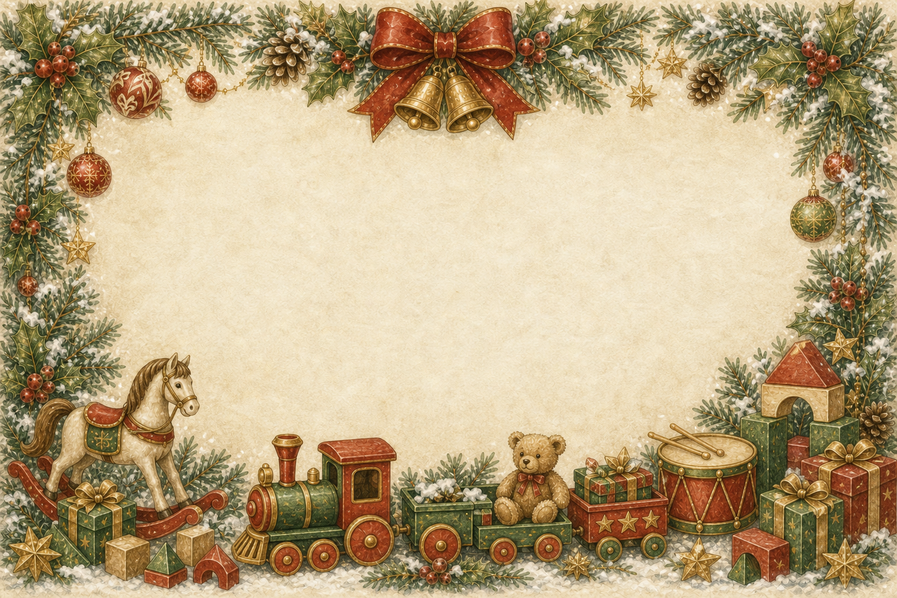 木製おもちゃの横長クリスマスフレーム｜水彩絵本タッチのイラスト96121に写真・文字を入れる