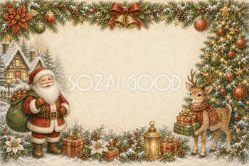 サンタとトナカイの華やかな横長クリスマス枠｜水彩絵本タッチのイラスト96123