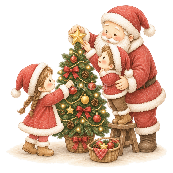 クリスマスツリーを飾るサンタと子どもの絵本タッチイラスト96128