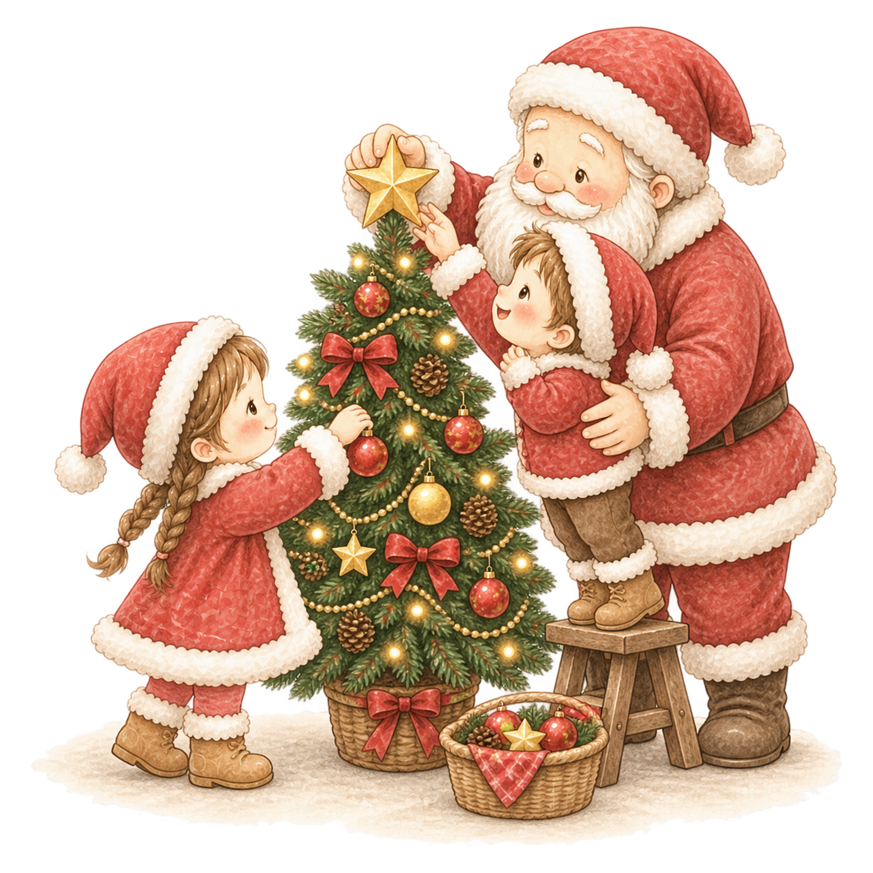 クリスマスツリーを飾るサンタと子どもの絵本タッチイラスト96128に写真・文字を入れる